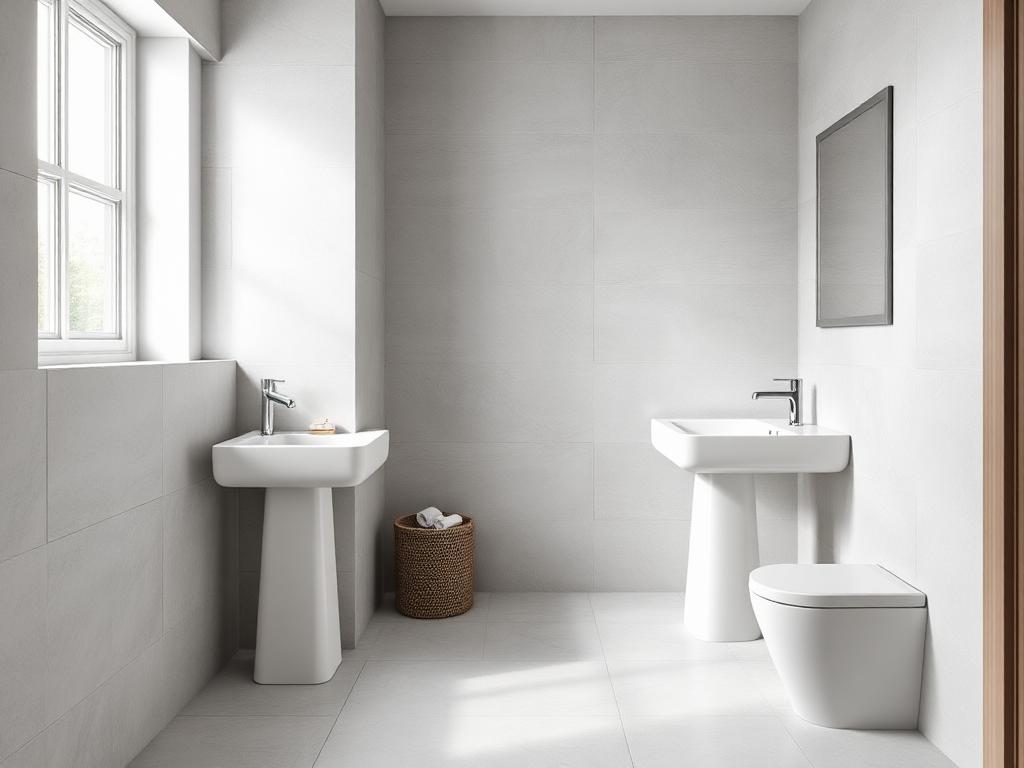 Bathroom with light grey wall and floor tiles