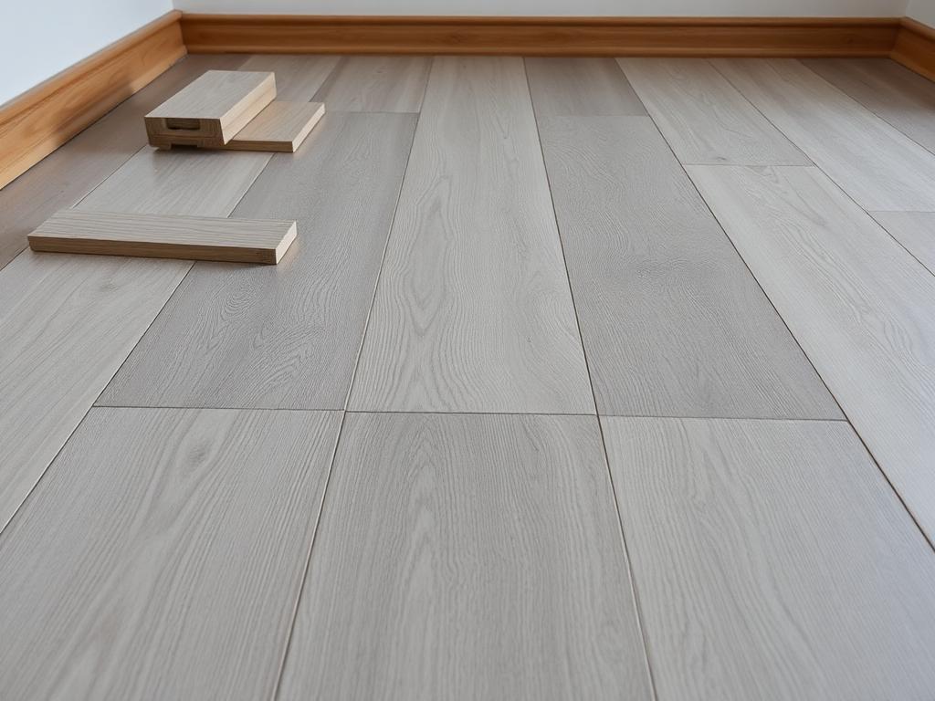 Grey laminate flooring planks part way through installation