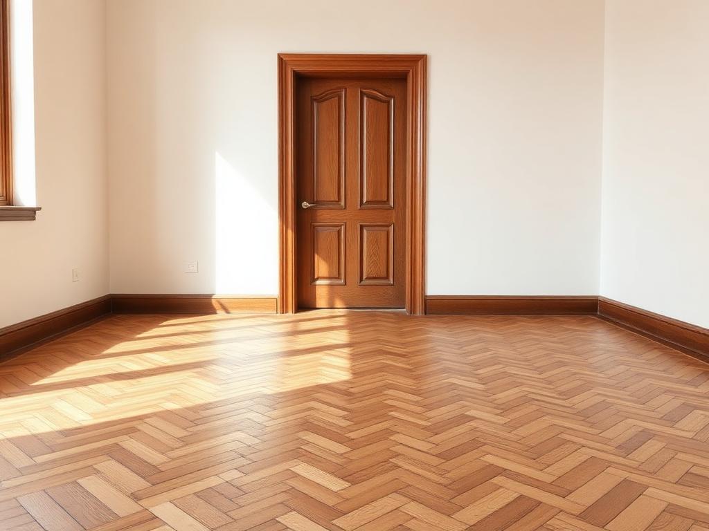 Herringbone parquet wood flooring in an empty room